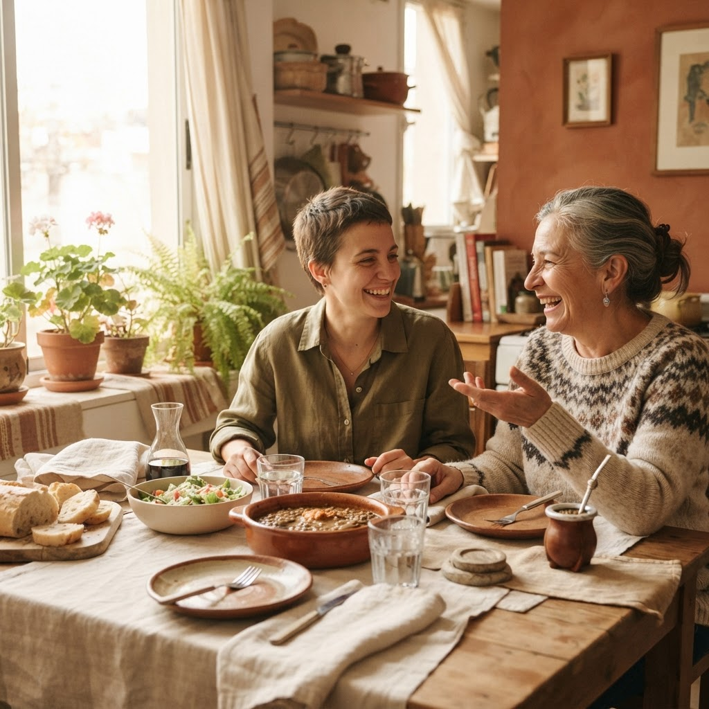 Una persona mayor comparte una comida y una charla con una persona voluntaria